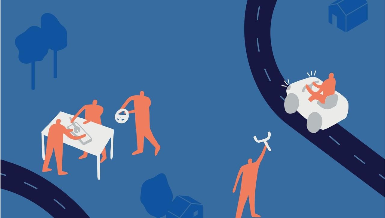 Illustration eXtrême Défi : des constructeurs assemblent un véhicule léger près d'une route